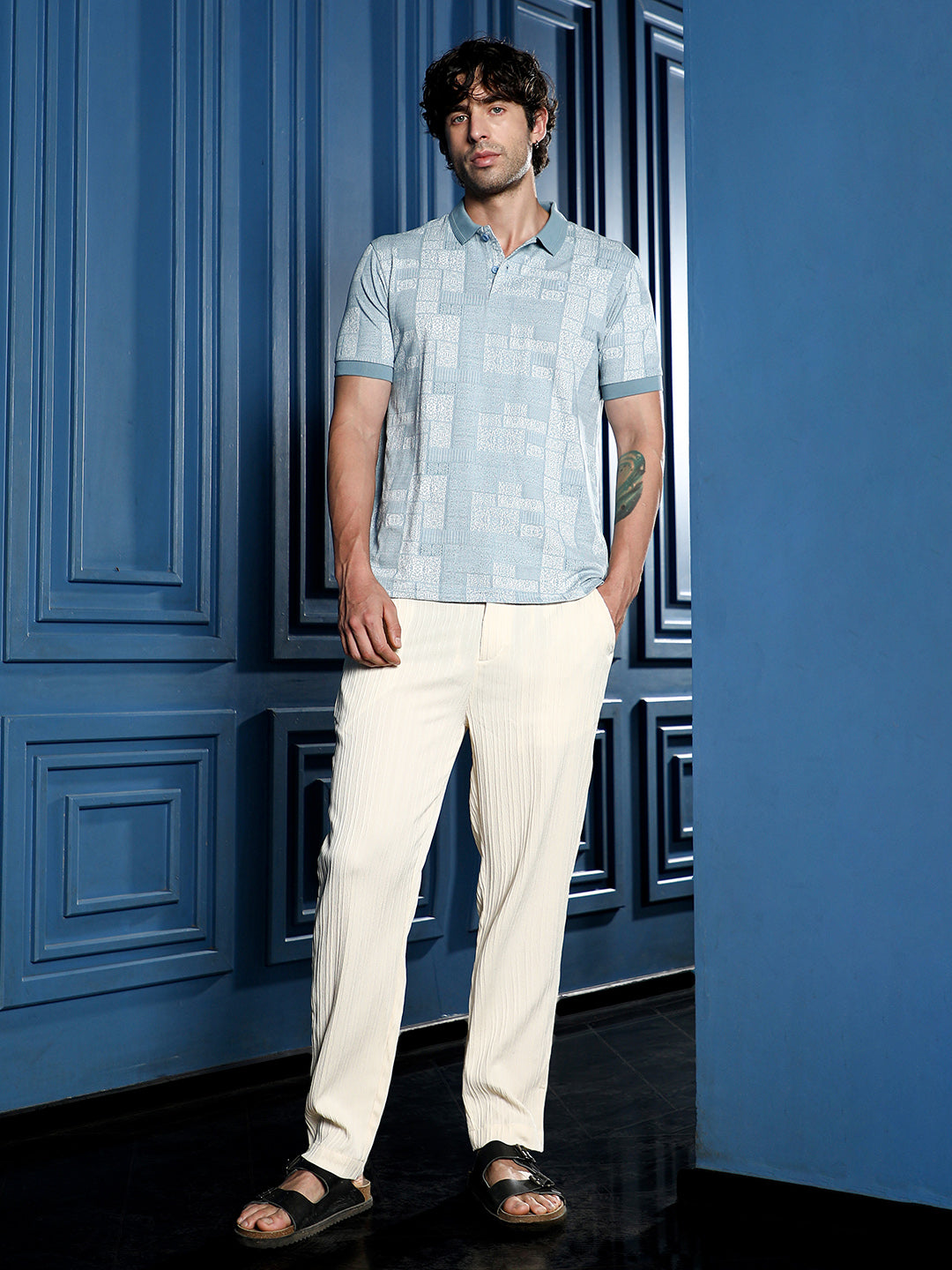 Lattice-Geometric Jacquard Polo T-Shirt