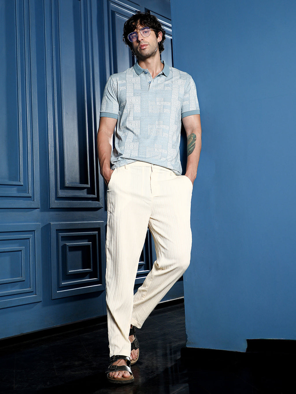 Lattice-Geometric Jacquard Polo T-Shirt