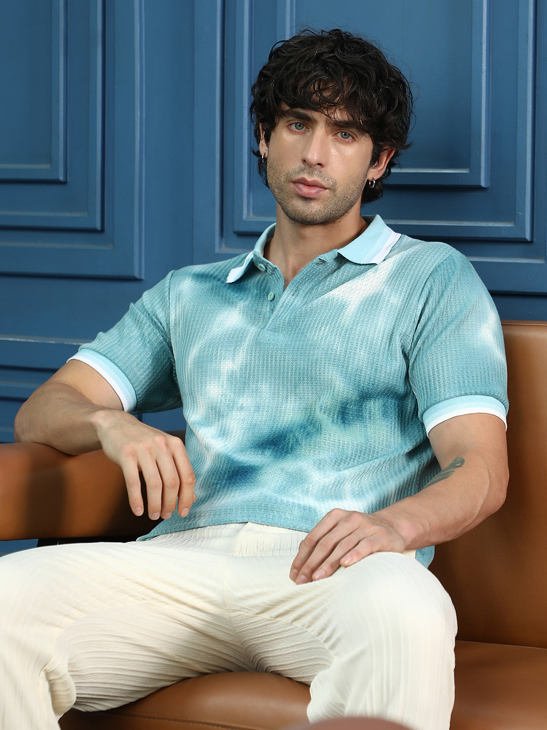 ₹849 | Campus Sutra Men's Sky Blue Dye-Geometric Jacquard Polo T