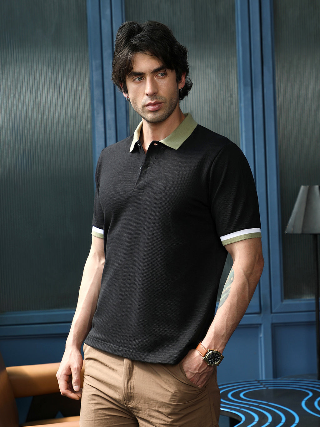 Contrast Textured-Knit Polo T-Shirt