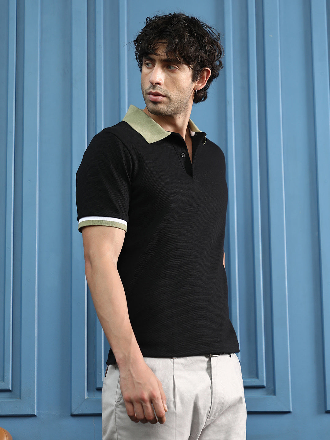 Contrast Textured-Knit Polo T-Shirt