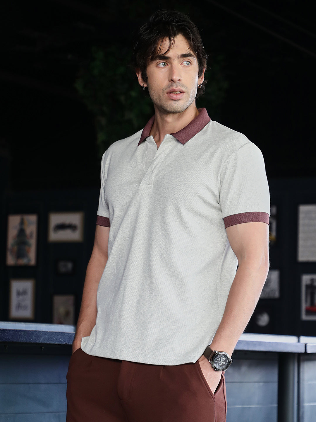 Contrast-Ribbed Polo T-Shirt