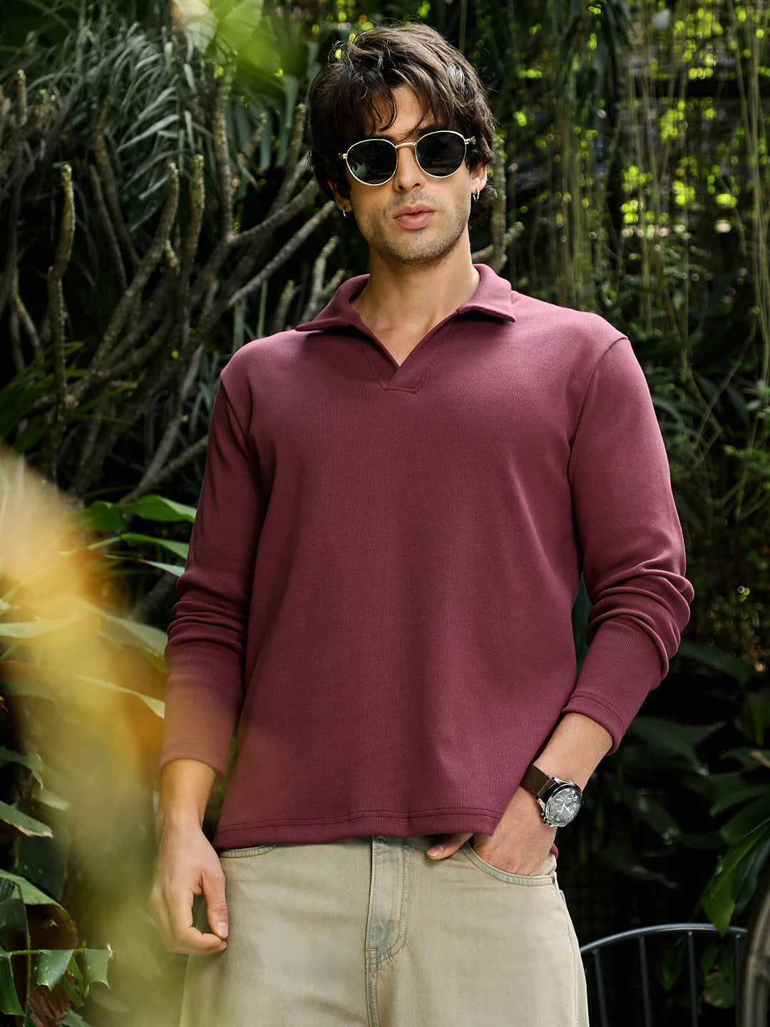 Solid Ribbed Polo T-Shirt