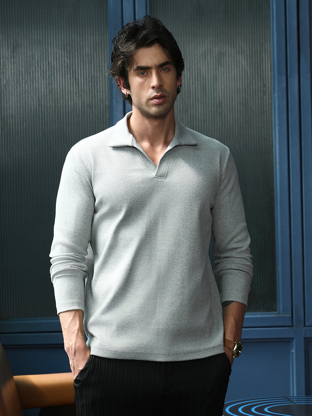 Solid Ribbed Polo T-Shirt