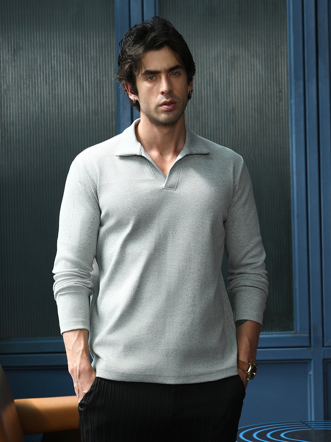 Solid Ribbed Polo T-Shirt