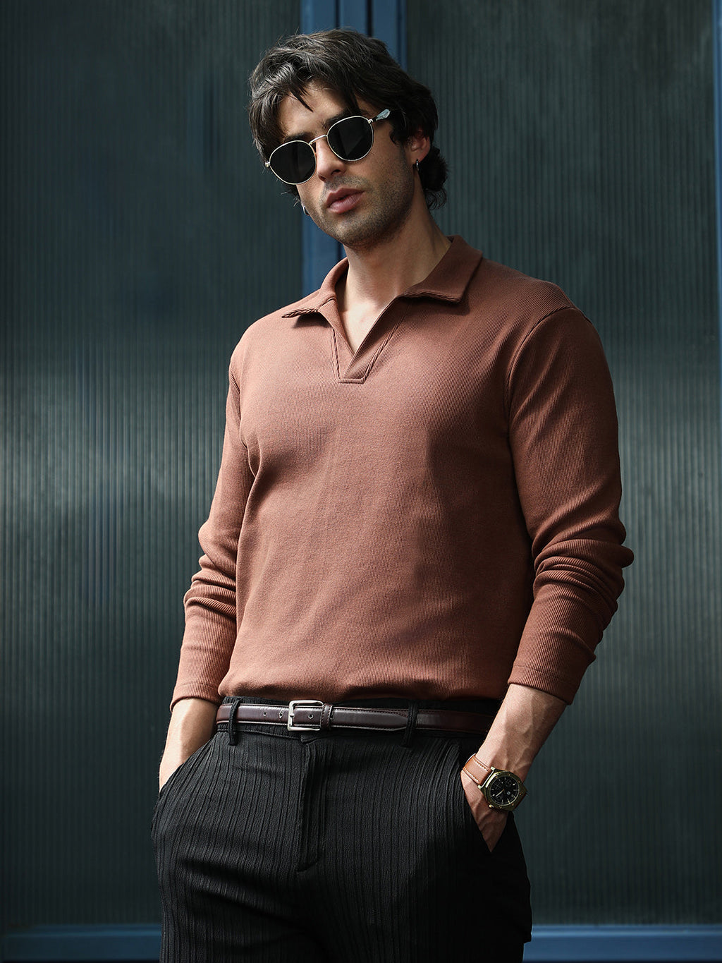Solid Ribbed Polo T-Shirt