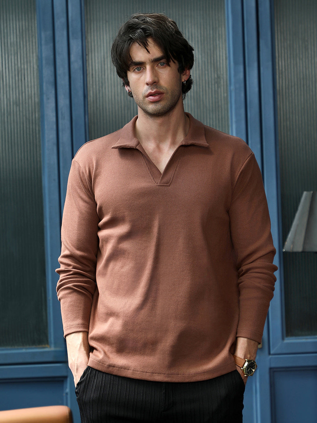 Solid Ribbed Polo T-Shirt