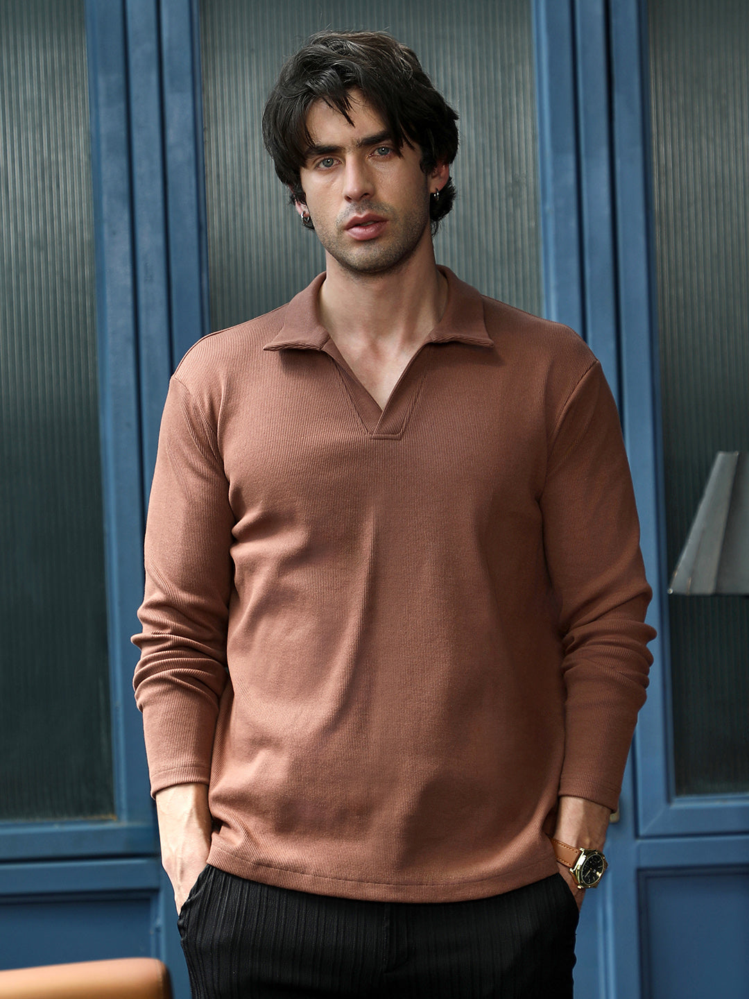 Solid Ribbed Polo T-Shirt