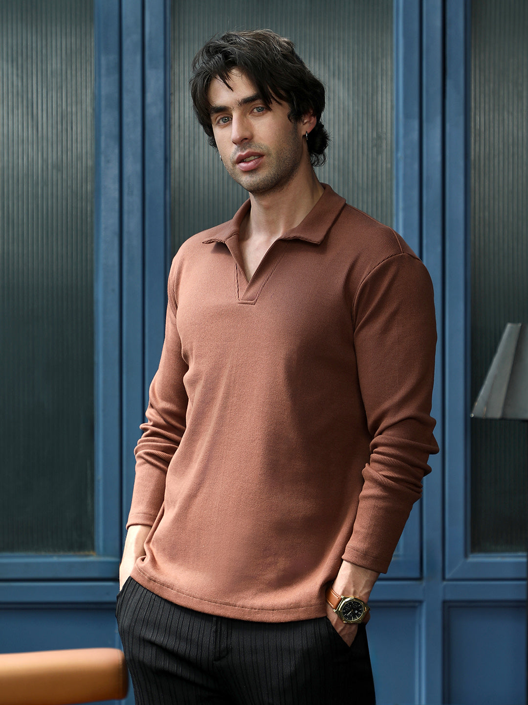 Solid Ribbed Polo T-Shirt