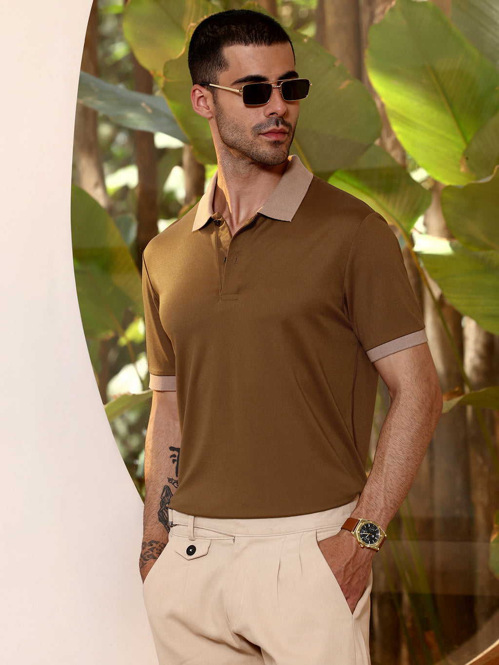 Brown & Beige Contrast Collar Polycotton Polo T-shirt