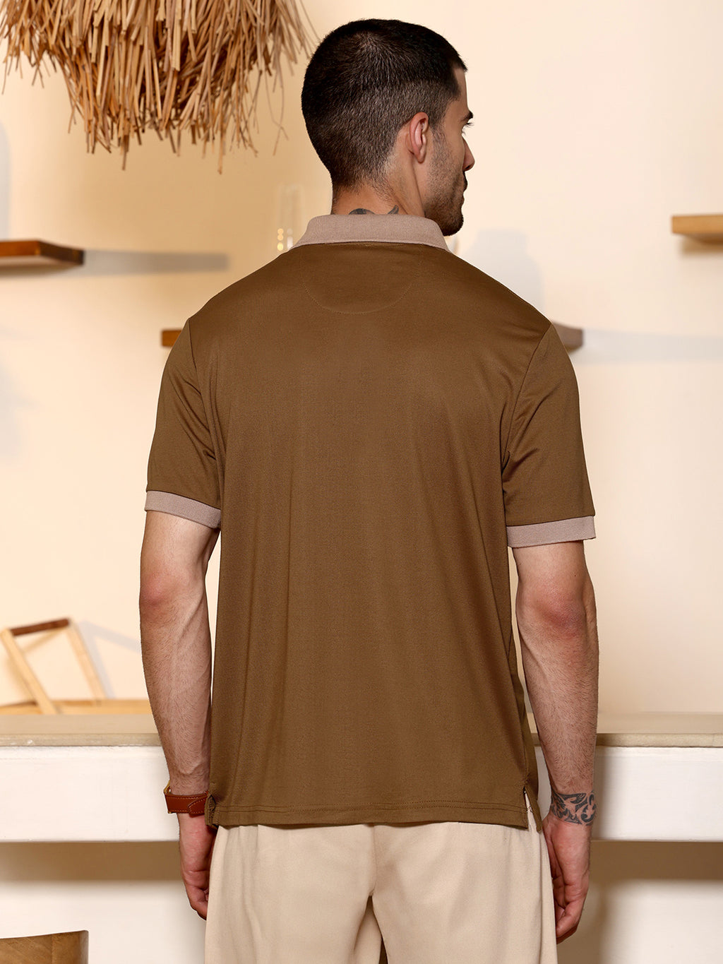 Brown & Beige Contrast Collar Polycotton Polo T-shirt
