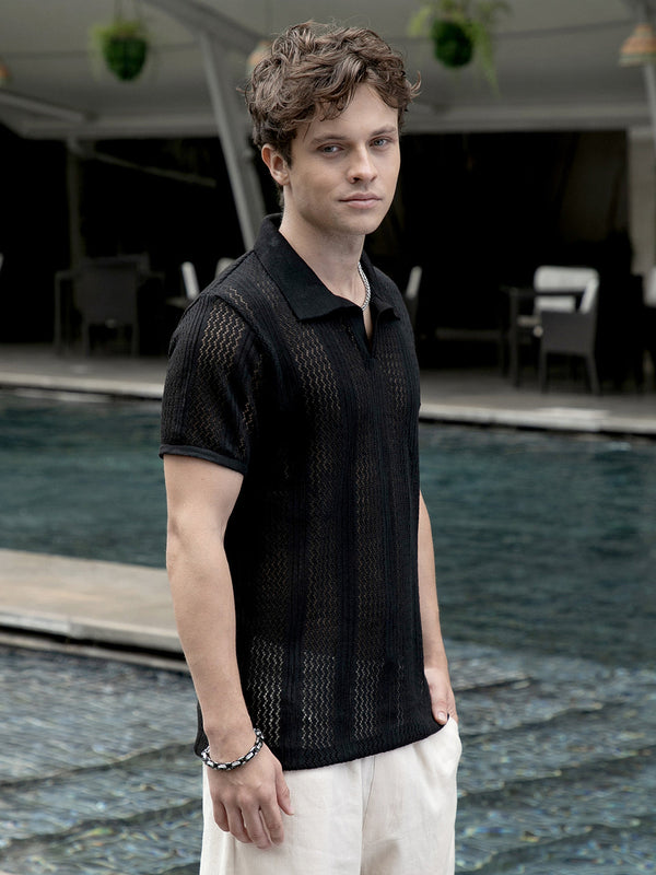 Chevron-Lined Textured Polo T-Shirt