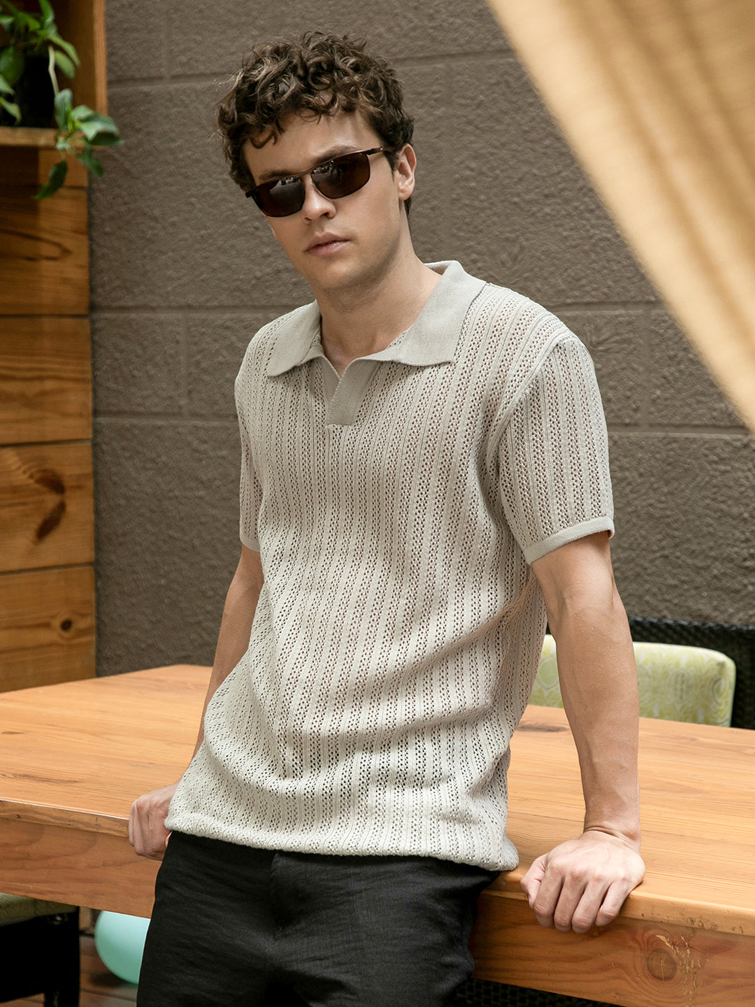 Stripe-Textured Polo T-Shirt