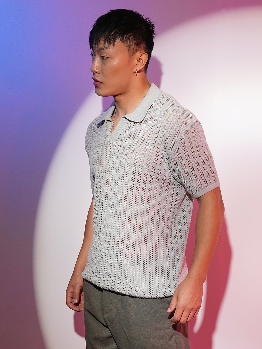 Stripe-Textured Polo T-Shirt