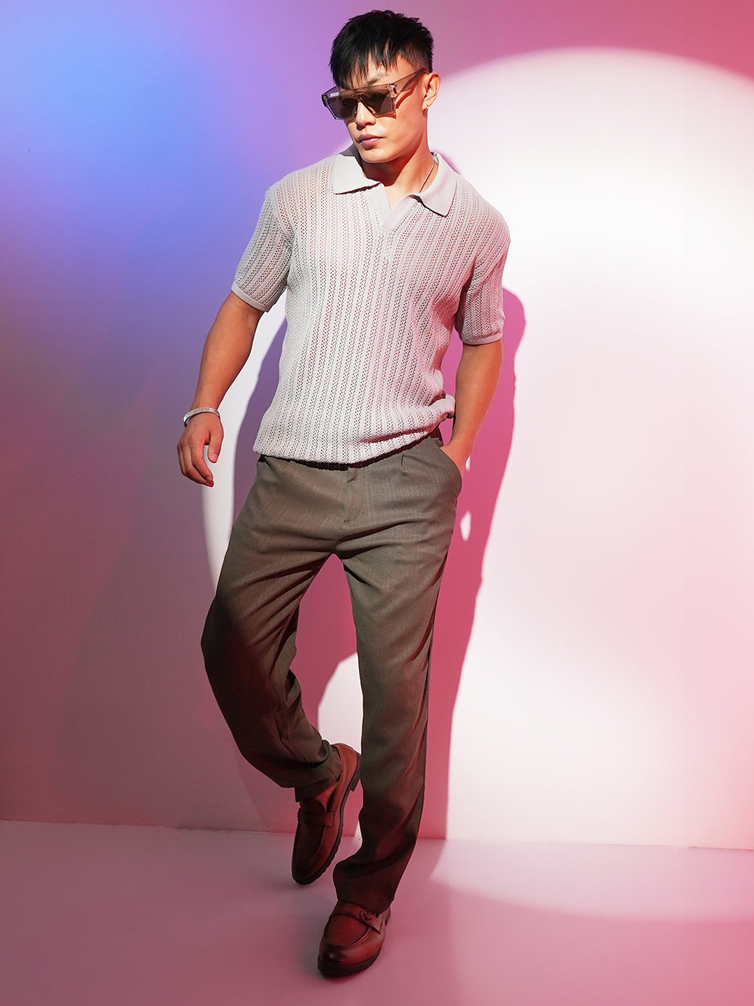 Stripe-Textured Polo T-Shirt