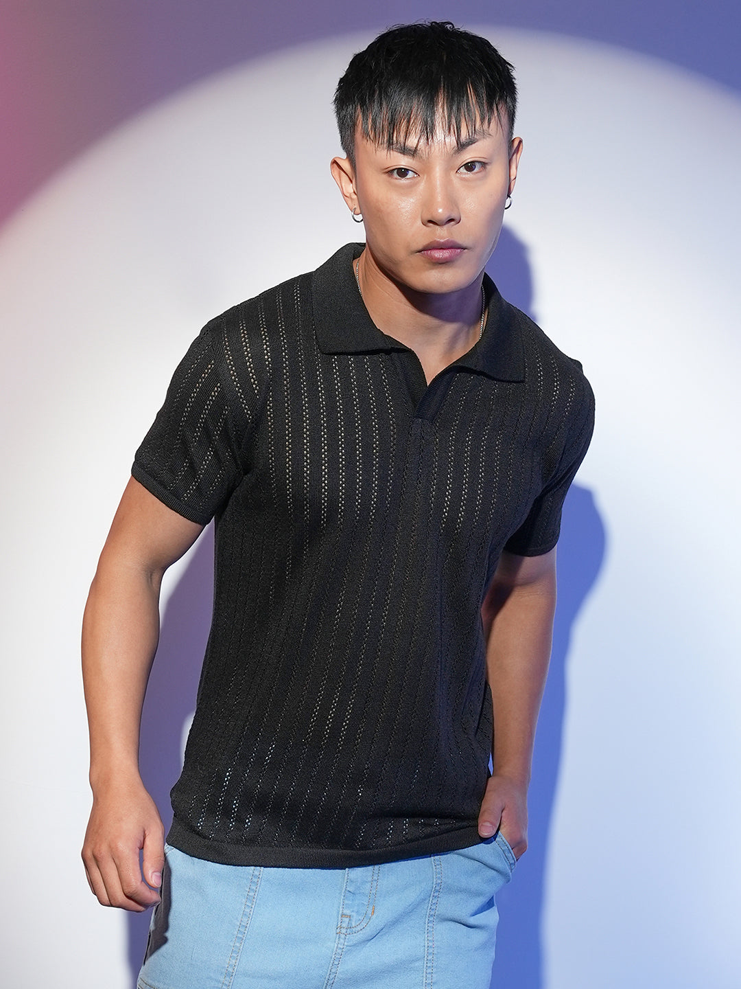 Stripe-Textured Polo T-Shirt