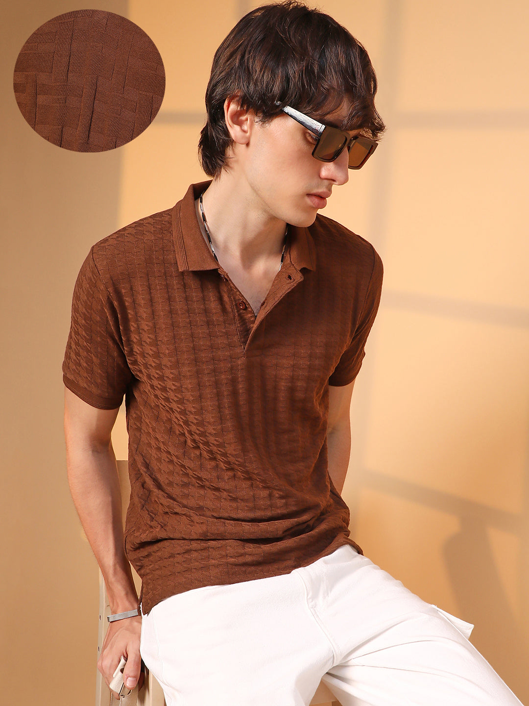 Houndstooth-Textured Polo T-Shirt XL
