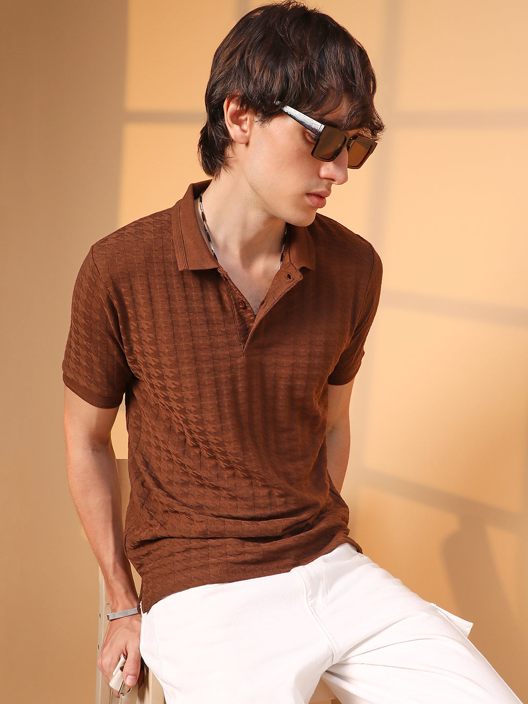 Houndstooth-Textured Polo T-Shirt