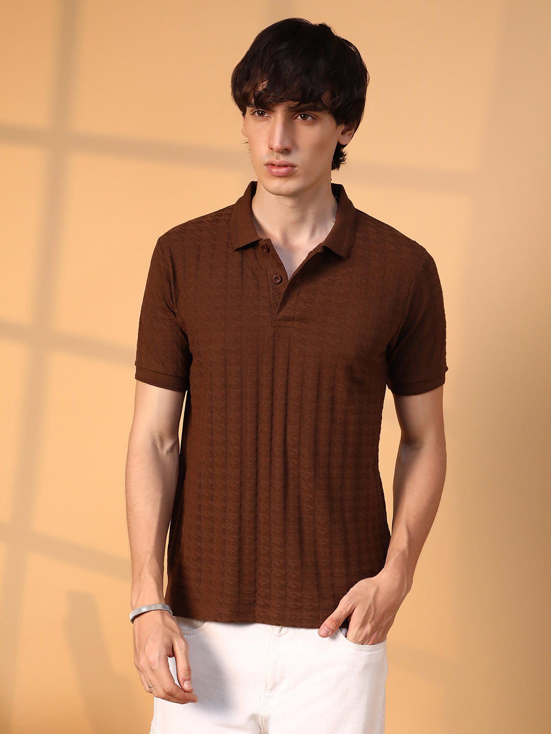 Houndstooth-Textured Polo T-Shirt