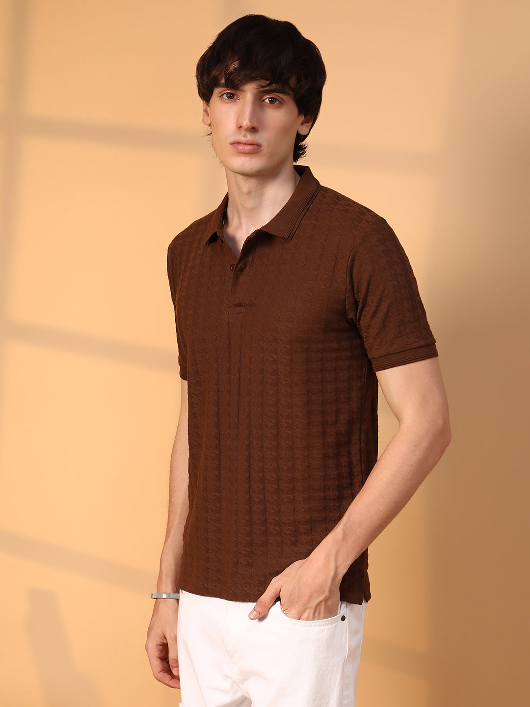 Houndstooth-Textured Polo T-Shirt