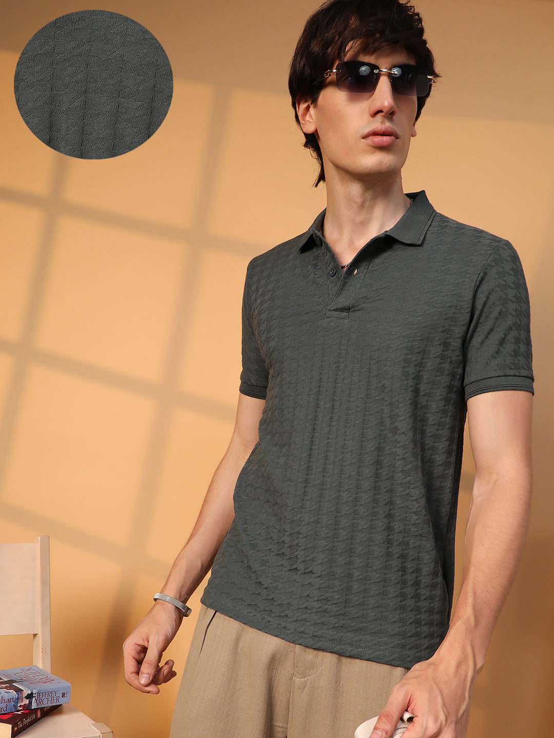 Houndstooth-Textured Polo T-Shirt