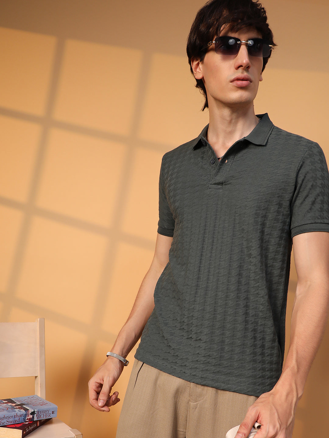 Houndstooth-Textured Polo T-Shirt