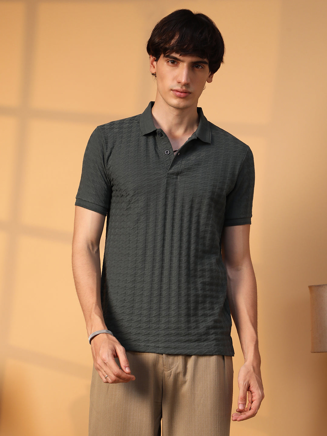 Houndstooth-Textured Polo T-Shirt