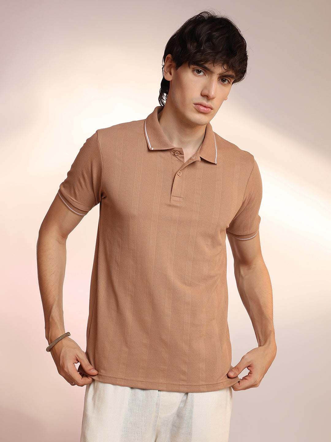 Lined-Knit Polo T-Shirt