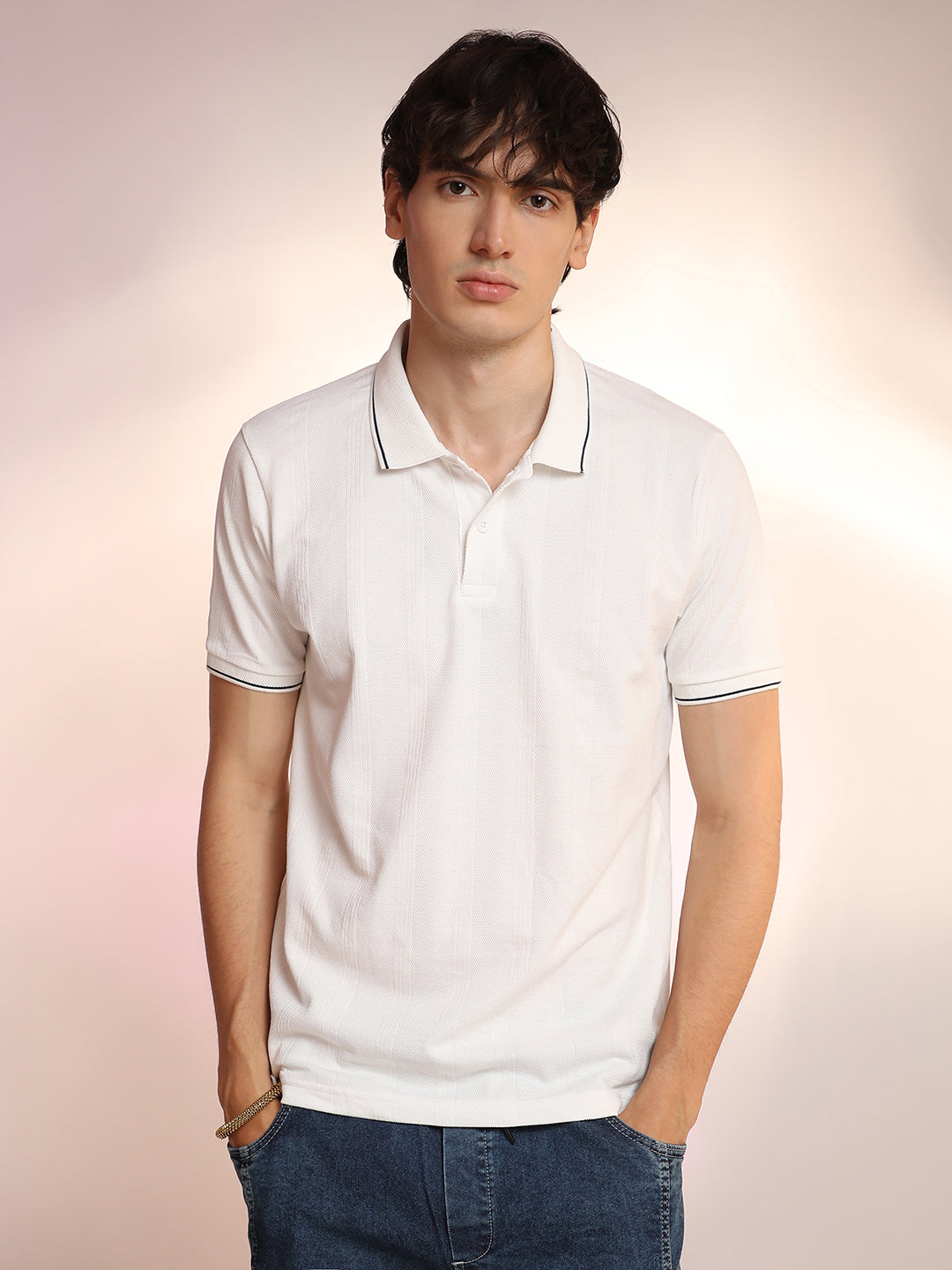 Lined-Knit Polo T-Shirt