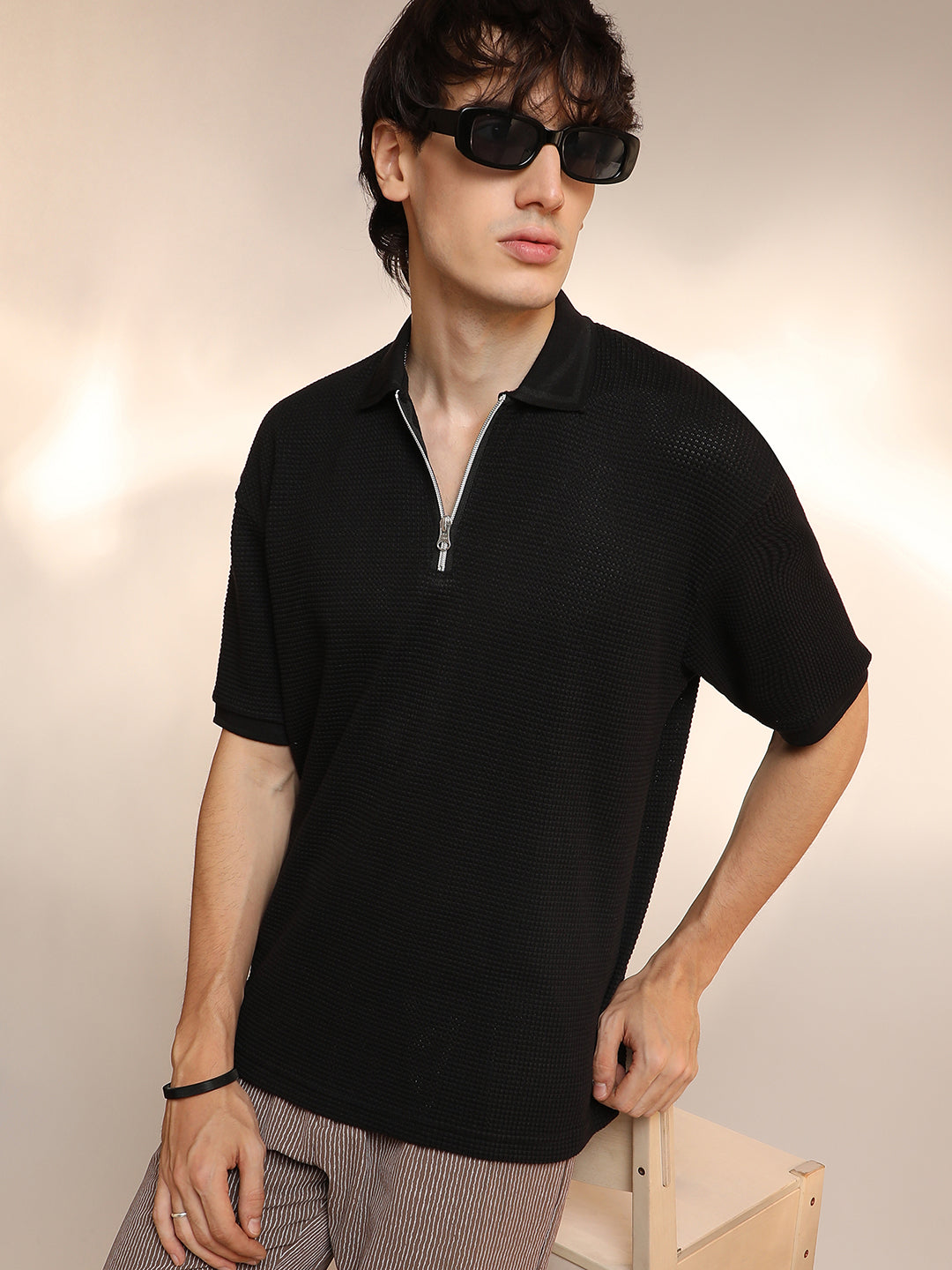 ₹674 Campus Sutra men's Onyx Black Micro-Waffle Polo T-Shirt