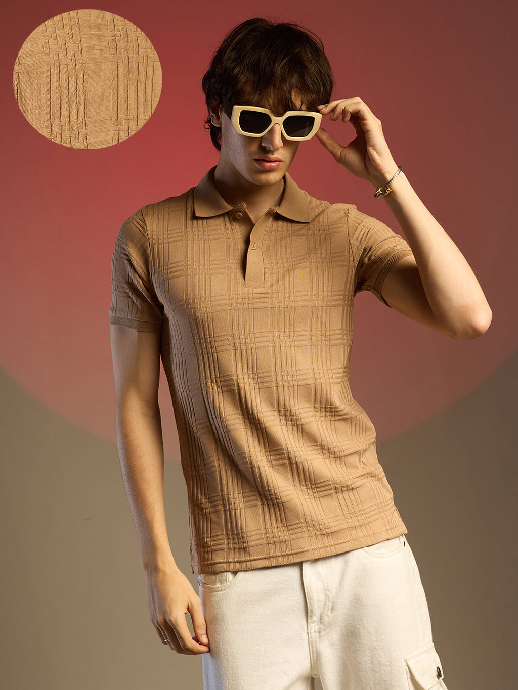Buff Beige Intertwine-Textured Polo T-Shirt