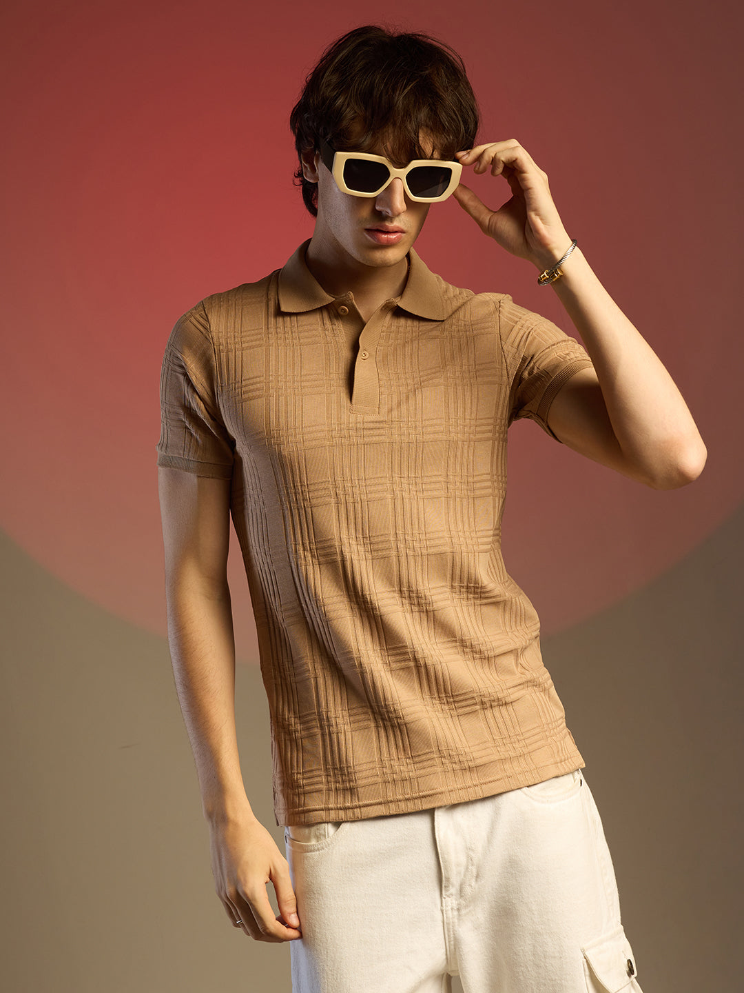 Buff Beige Intertwine-Textured Polo T-Shirt