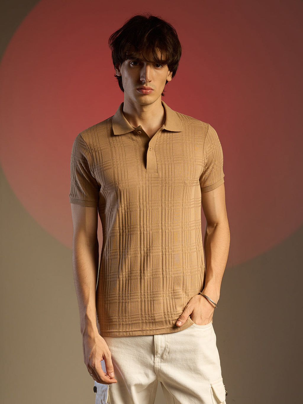 Buff Beige Intertwine-Textured Polo T-Shirt