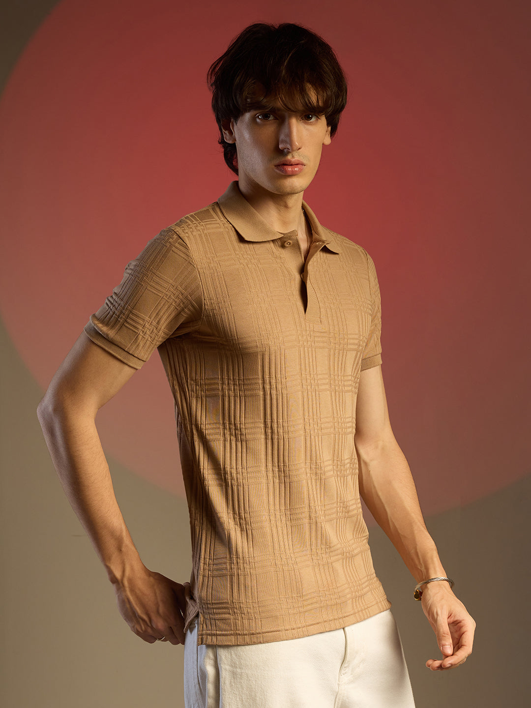 Buff Beige Intertwine-Textured Polo T-Shirt