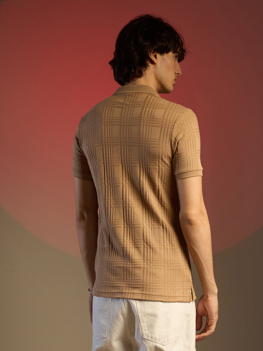 Buff Beige Intertwine-Textured Polo T-Shirt