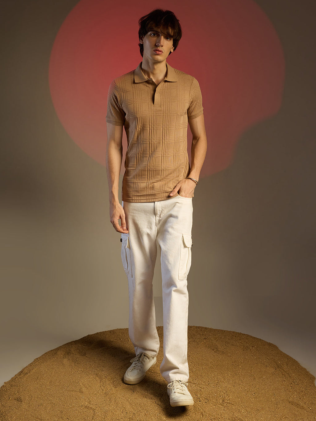 Buff Beige Intertwine-Textured Polo T-Shirt