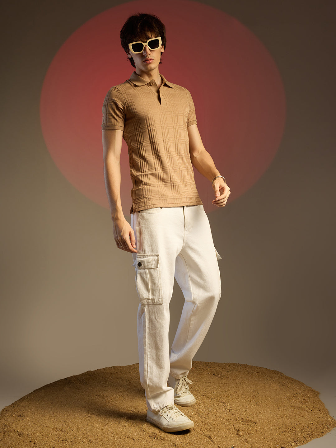 Buff Beige Intertwine-Textured Polo T-Shirt