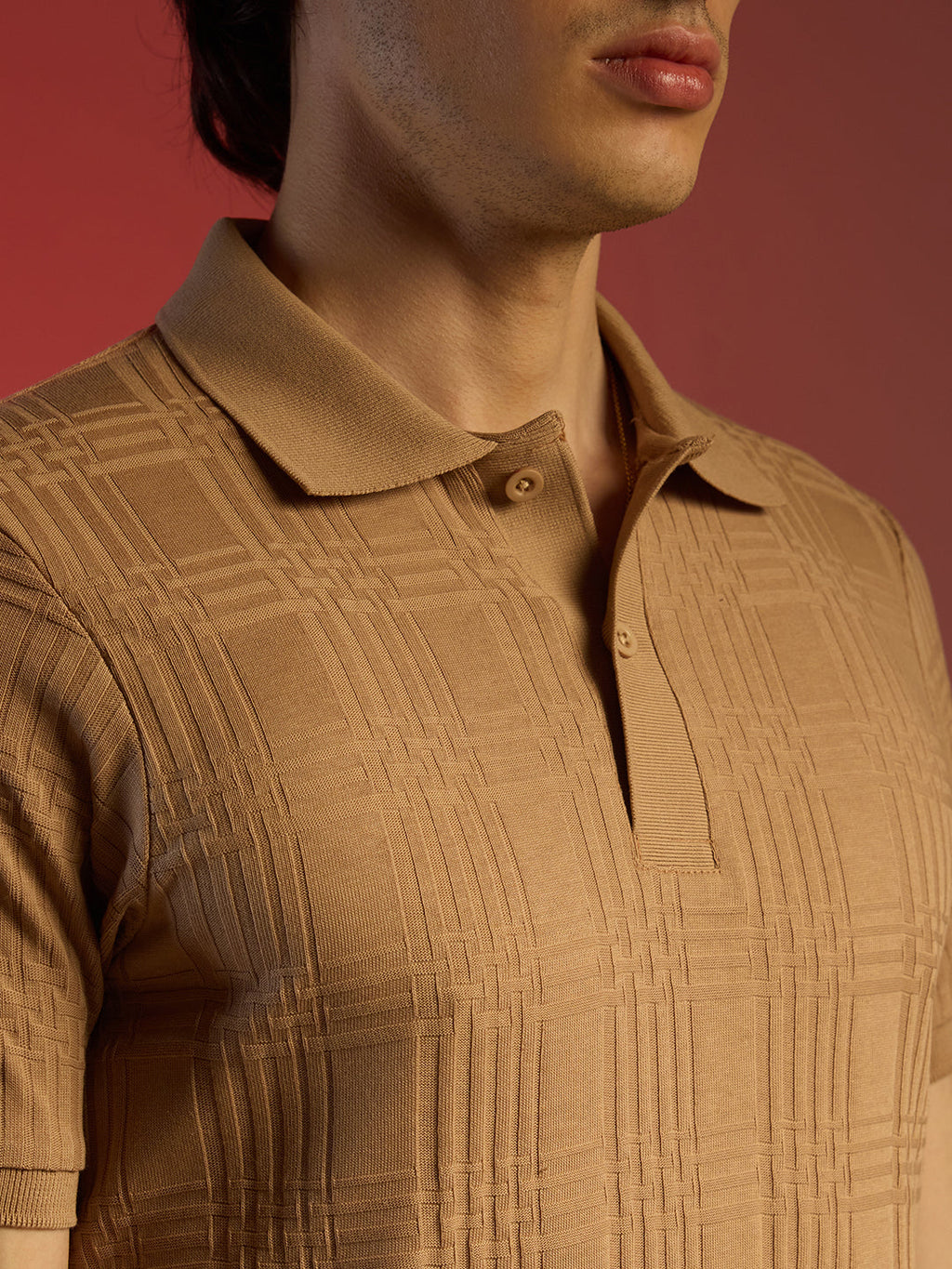 Buff Beige Intertwine-Textured Polo T-Shirt