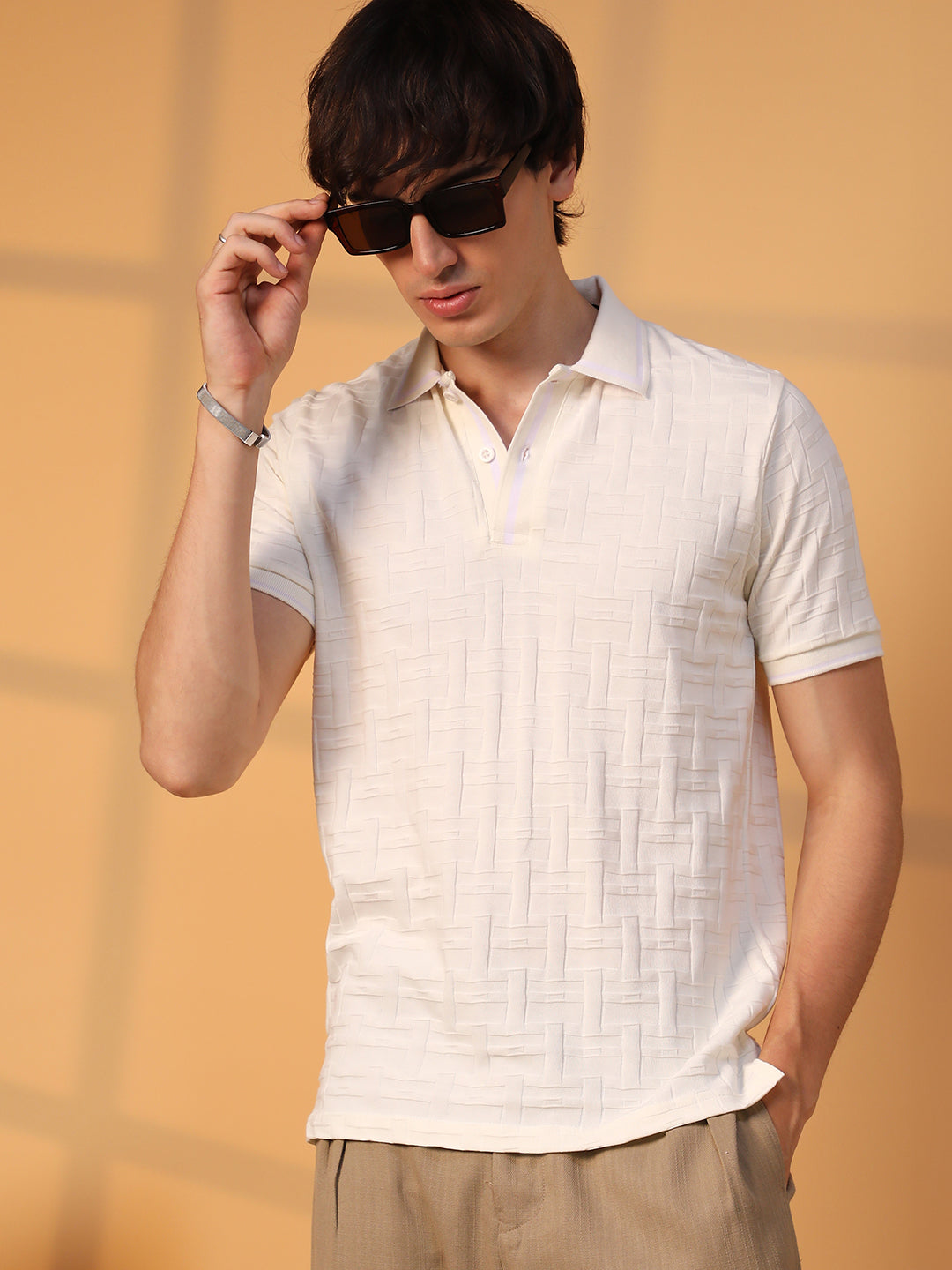 ₹674 Campus Sutra men's Cream White Weave-Textured Polo T-Shirt