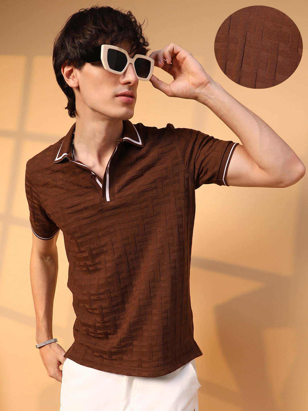 ₹674 Campus Sutra men's Coffee Brown Weave-Textured Polo T