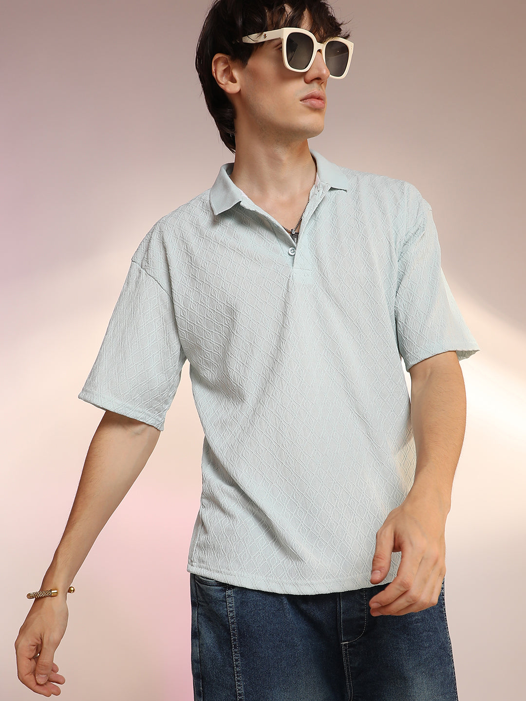 Rhombus-Textured Polo T-Shirt