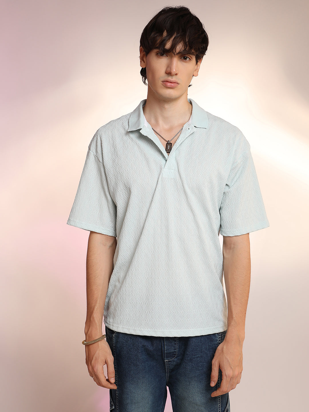 Rhombus-Textured Polo T-Shirt