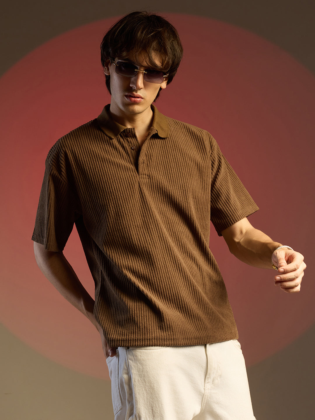 ₹764 Campus Sutra men's Chocolate Brown Ribbed Oversized Polo T