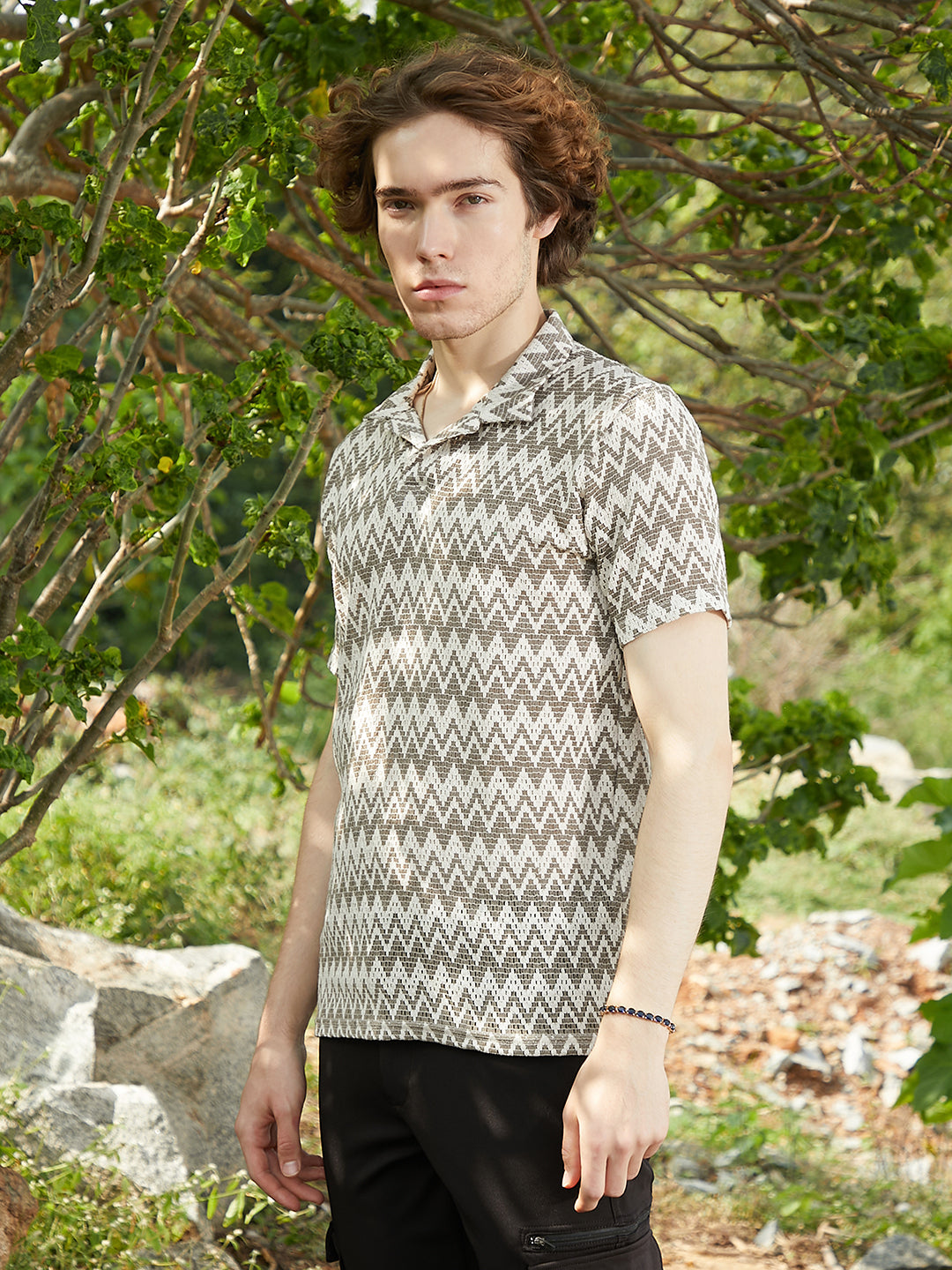 Zig-Zag Knit Polo T-Shirt