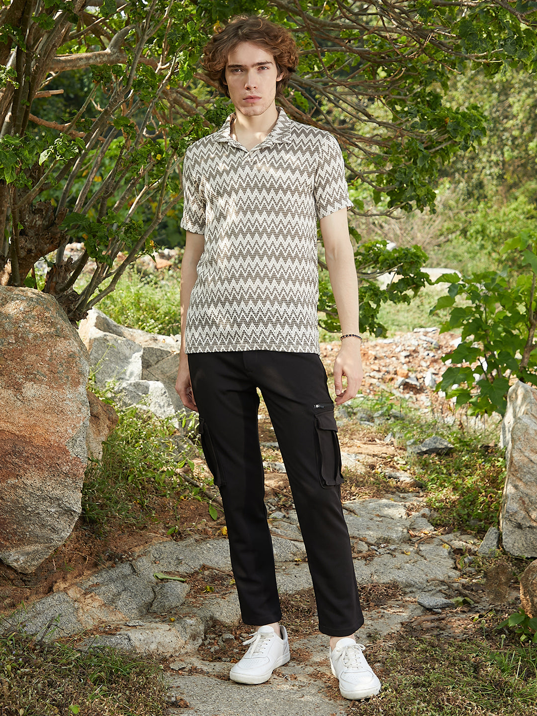 Zig-Zag Knit Polo T-Shirt