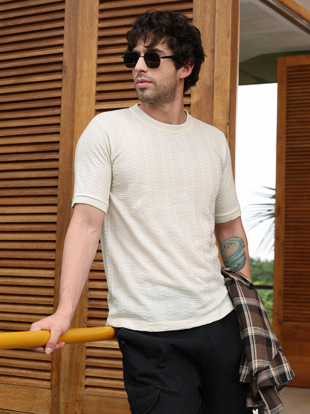 Dash-Ribbed Knit T-Shirt