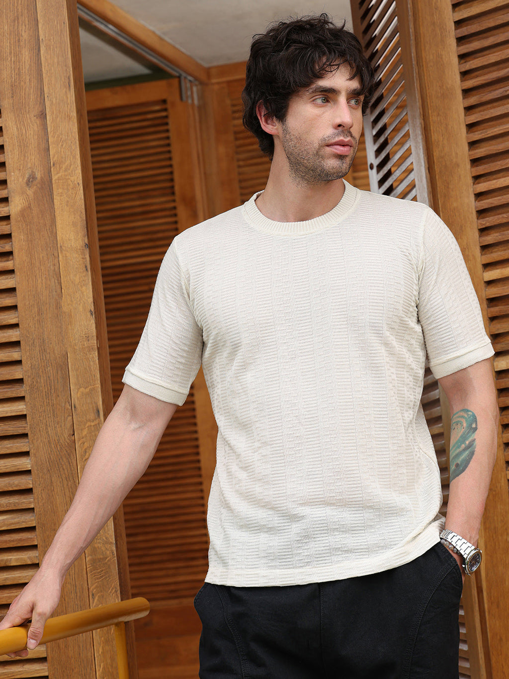 Dash-Ribbed Knit T-Shirt