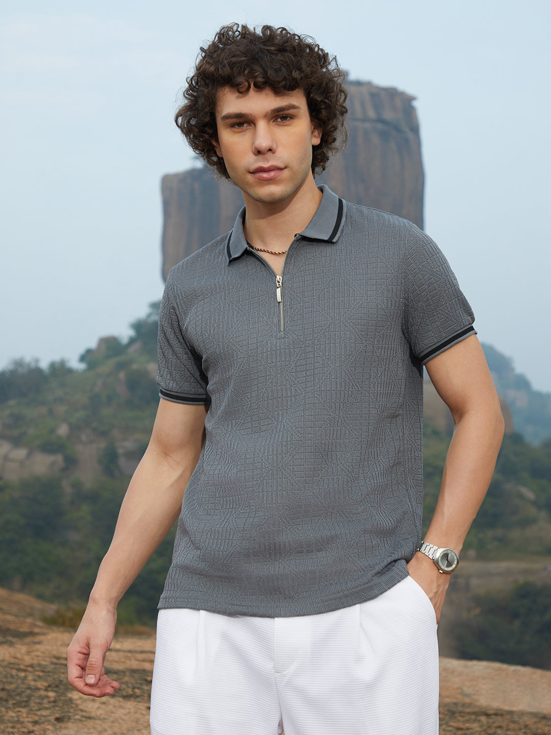 Oblique-Stripe Polo T-Shirt