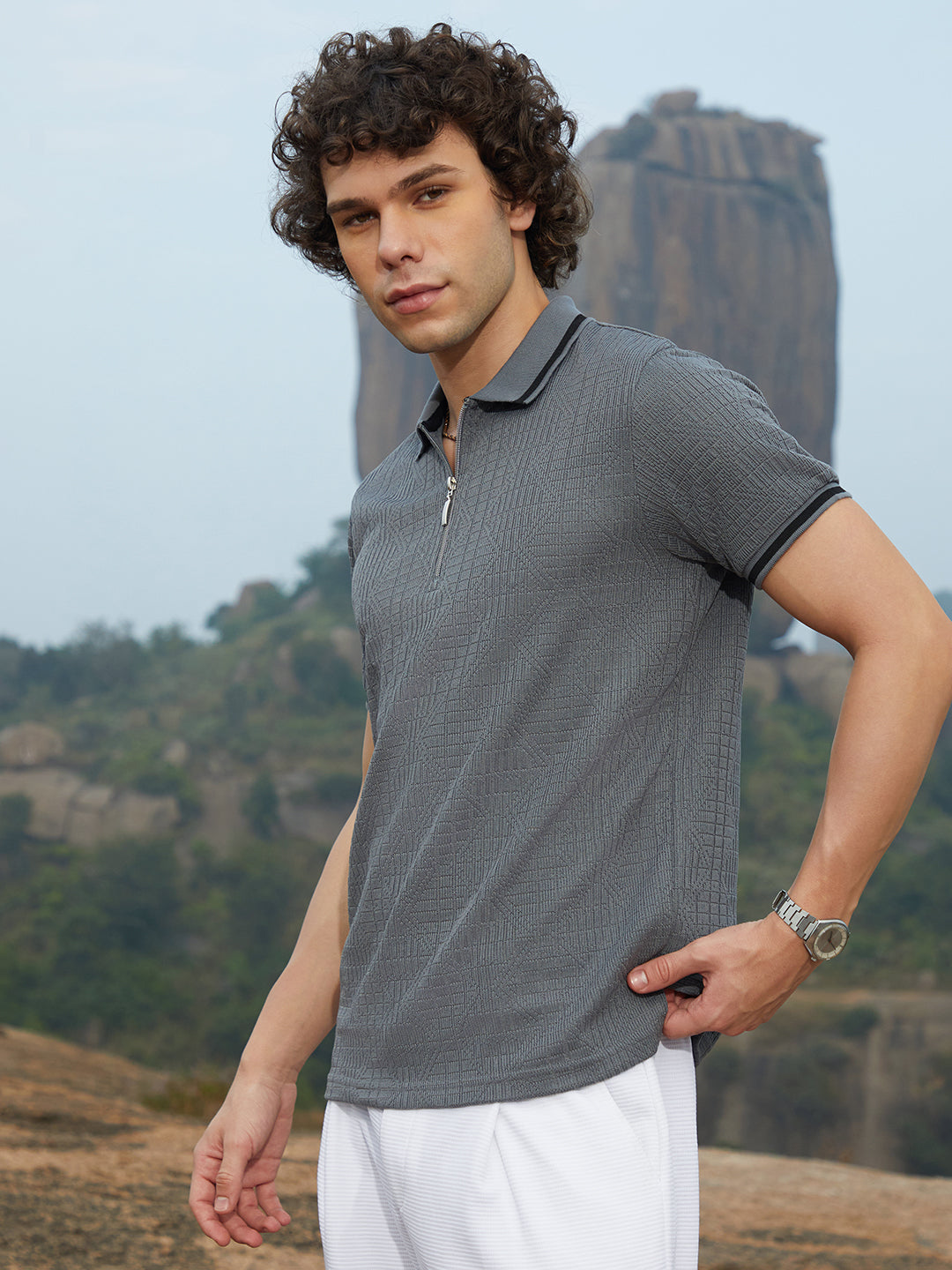 Oblique-Stripe Polo T-Shirt