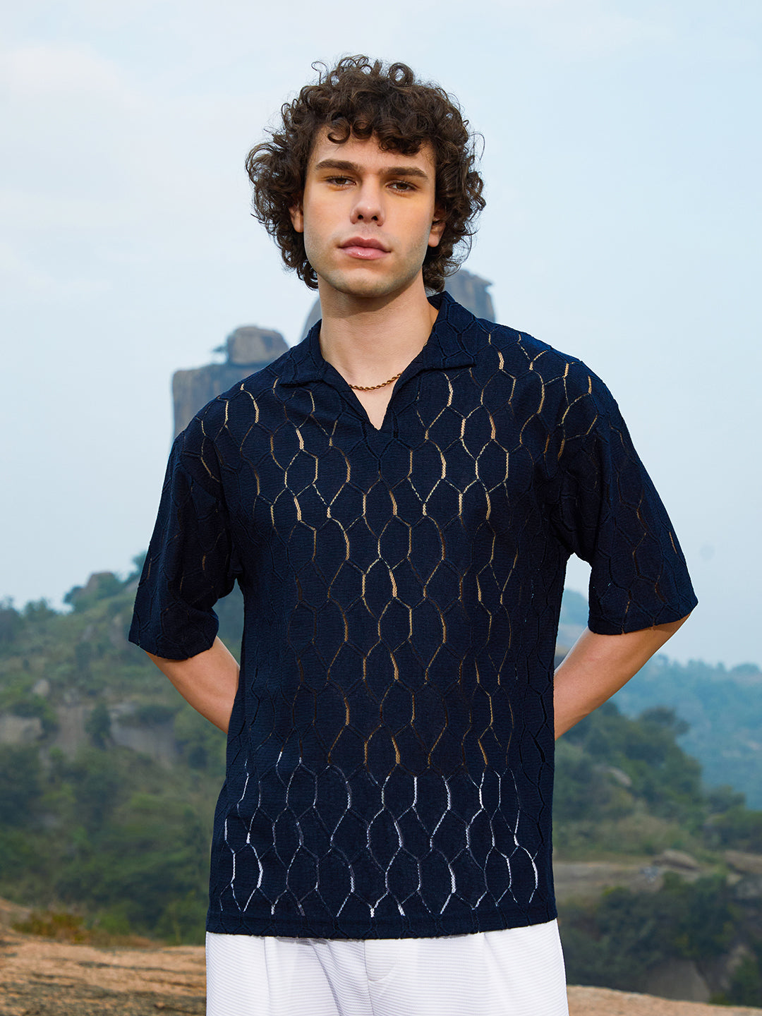 Honeycomb-Knit Polo T-Shirt